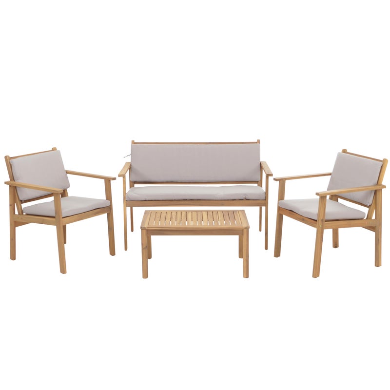 Zestaw ogrodowy HWC-O19, zestaw wypoczynkowy, ławka, fotel, stół, drewno akacjowe MVG, tkanina/materiał (180 g/m²) ~ poduszki w kolorze szarym