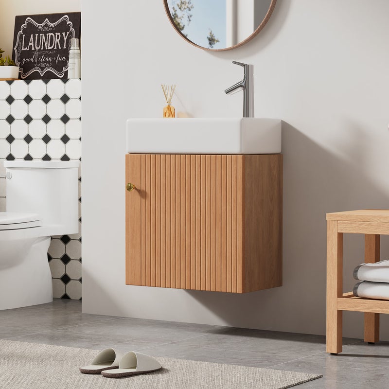 Wisząca szafka łazienkowa 46 cm z umywalką - nowoczesny design, optymalne przechowywanie, kompaktowa i wodoszczelna - brązowa