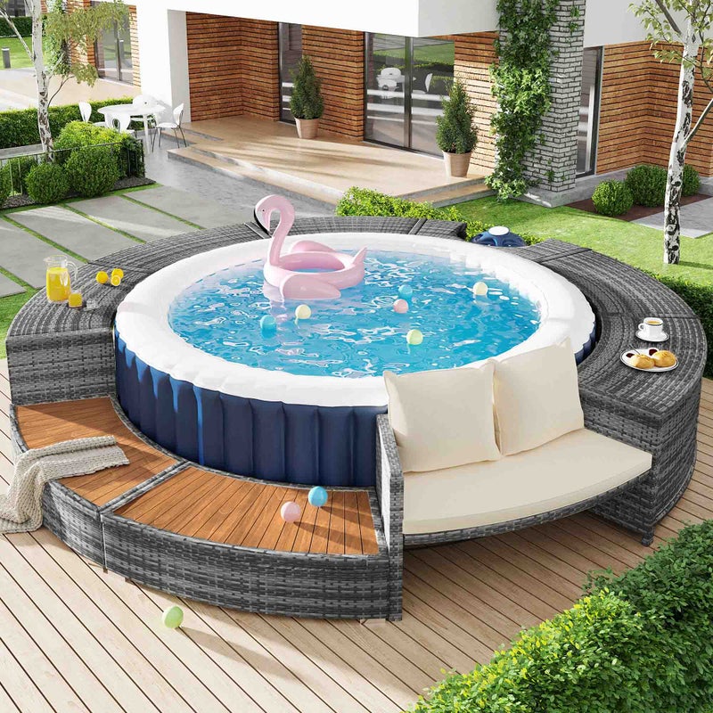 Zestaw mebli ogrodowych z okrągłą sofą, meble tarasowe do spa i basenu, regulowane nóżki, z poduszkami, elegancki design z rattanu PE