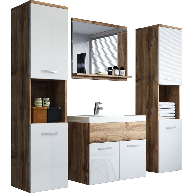 Komplet mebli łazienkowych w kolorze dąb wotan / biały połysk - MONTANA XL