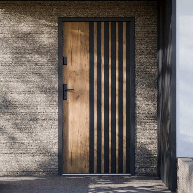 Drzwi zewnętrzne pełne ze stali wys. 207 x szer. 100 cm - Imitacja dębu i czarne pasy - lewe otwierane do wewnątrz - COBRITA