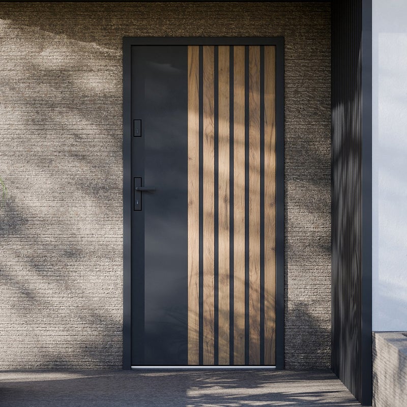 Drzwi zewnętrzne pełne ze stali wys. 207 x szer. 100 cm - Czarny i pasy imitujące drewno - lewe otwierane do wewnątrz - COBRITA