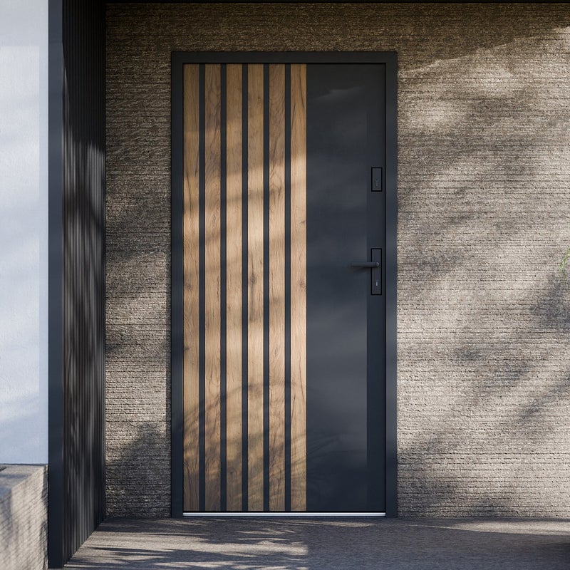 Drzwi zewnętrzne pełne ze stali wys. 207 x szer. 100 cm - Czarny i pasy imitujące drewno - prawe otwierane do wewnątrz - COBRITA