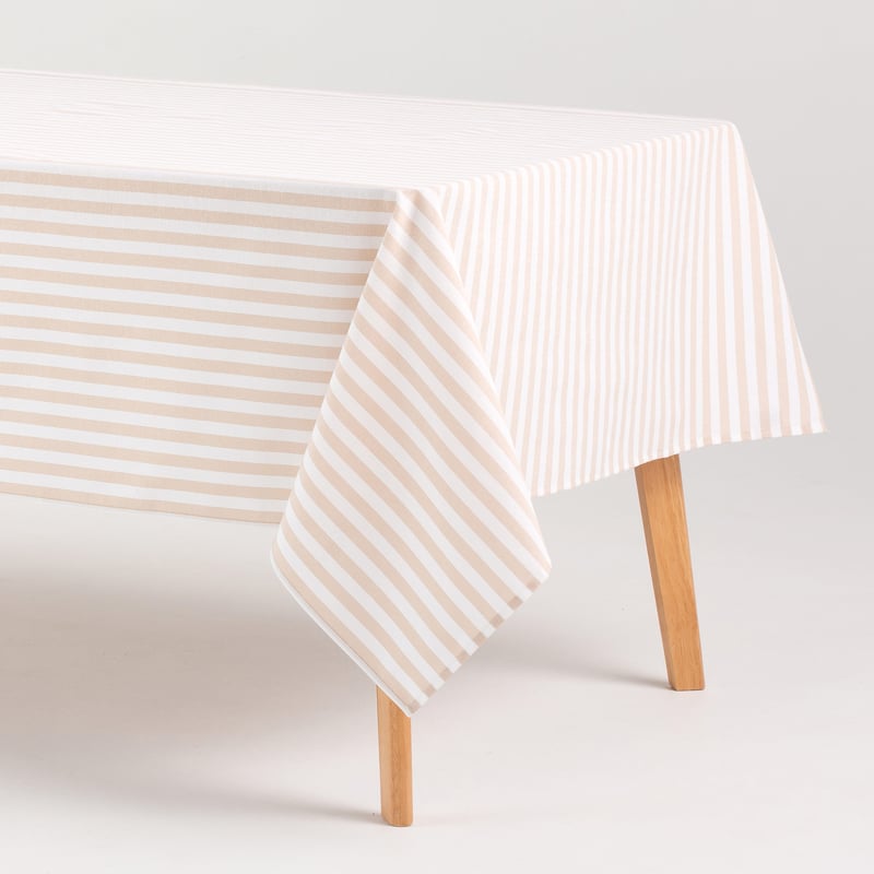 Obrus plamoodporny bawełniany, miękki w dotyku, w paski beżowy 140x300 cm