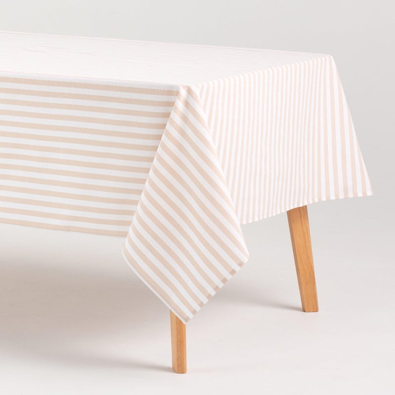 Obrus plamoodporny bawełniany, miękki w dotyku, w paski beżowy 140x240 cm
