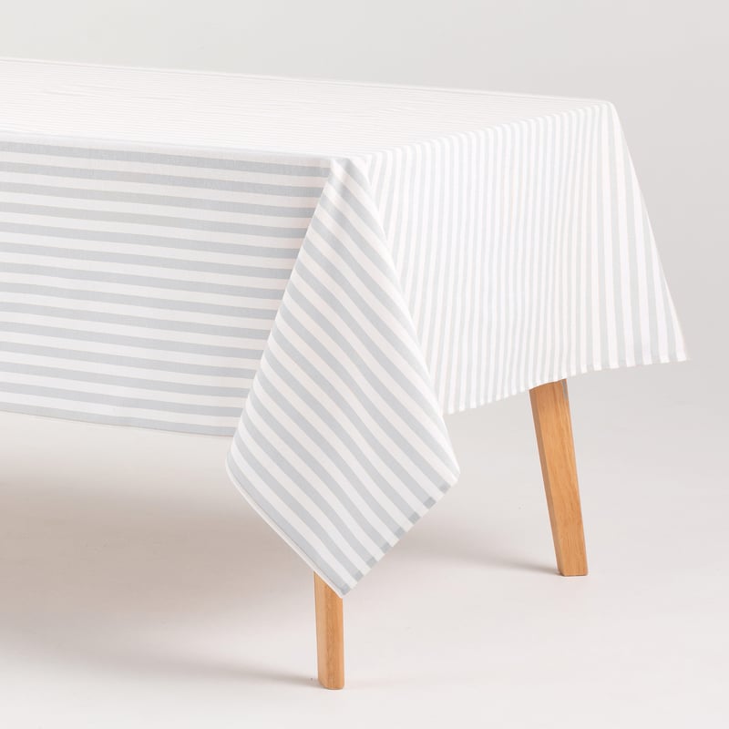 Obrus plamoodporny bawełniany, miękki w dotyku, w paski jasnoszary 140x300 cm
