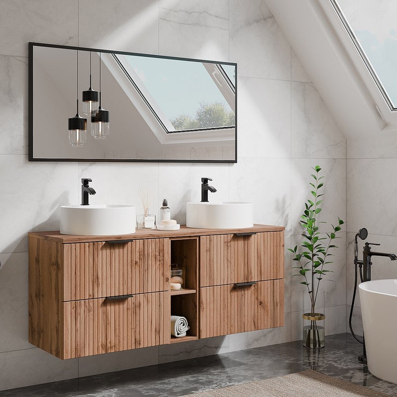 Szafka łazienkowa wisząca ryflowana z wnękami i dwoma okrągłymi umywalkami nablatowymi - Naturalny jasny - szer. 140 cm - ZEVARA