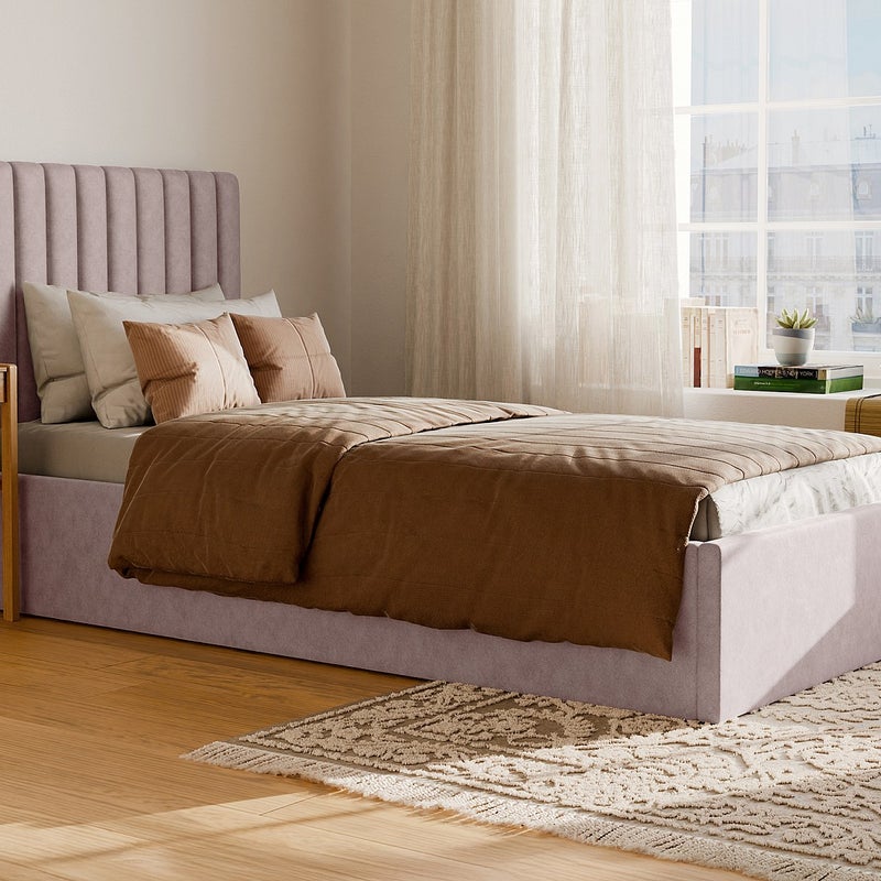 Łóżko ze skrzynią i pionowo przeszywanym zagłówkiem 90 x 190 cm - Tkanina - Różowy + Materac - SARAH