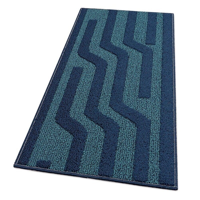 Dywanik Kuchenny W Paski 57x190 Cm 3D Miękki Obramowany Absorbent Antypoślizgowy Niebieski