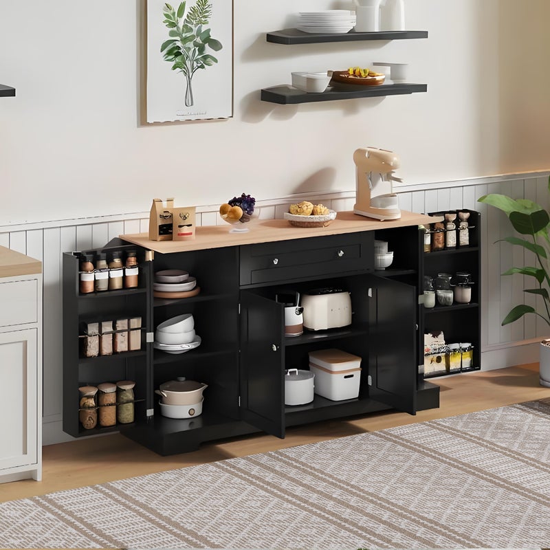 Komoda kuchenna z 4 drzwiami i 1 szufladą - 138 x 40 x 85 cm - Drewno MDF - Regulowane półki - Czarny + naturalny