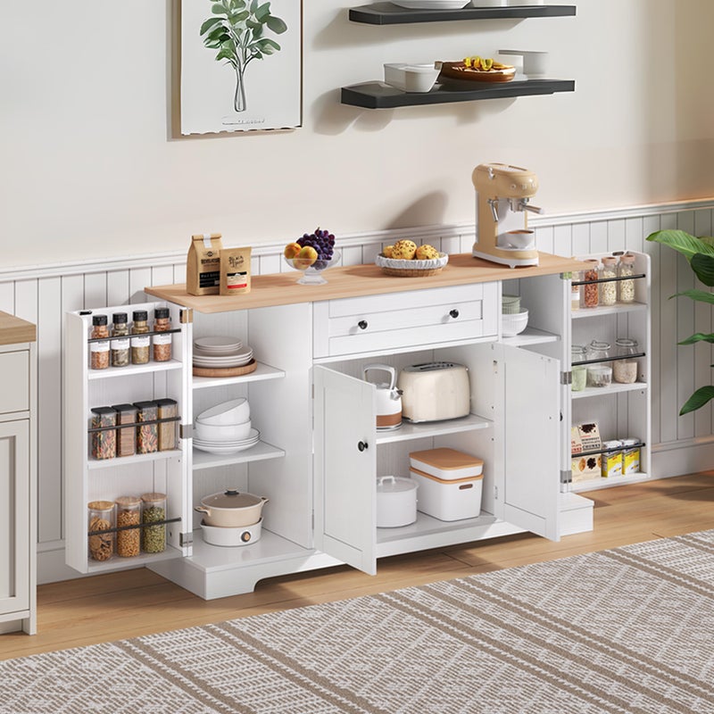 Komoda kuchenna z 4 drzwiami i 1 szufladą - 138 x 40 x 85 cm - Drewno MDF - Regulowane półki - Naturalny + biały