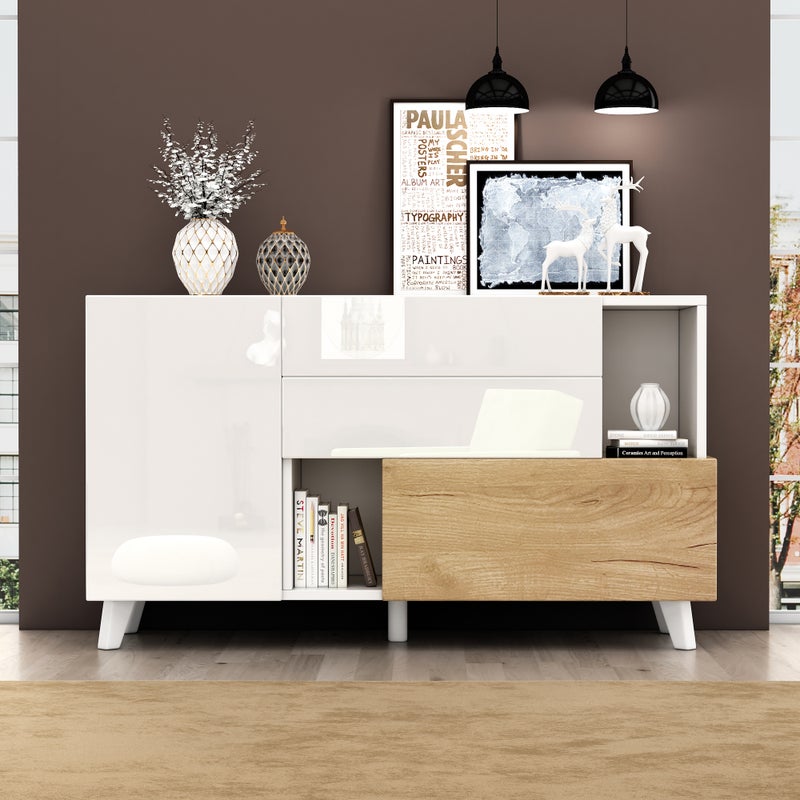 Komoda z 2 drzwiami i 2 szufladami - 120 x 40 x 75 cm - Płyta wiórowa - Biały połysk + Dąb jasny