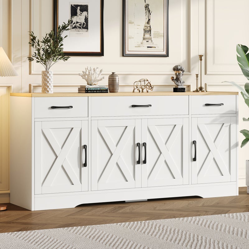 Nowoczesna komoda z 4 drzwiami i 3 szufladami - 160 x 37 x 75 cm - MDF drewno - Regulowane półki - Biały i drewno