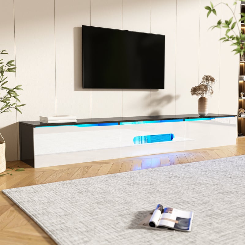 Szafka RTV ścienna z 3 drzwiami - 180 x 35 x 30 cm - diody LED - płyta MDF i wiórowa - połyskująca czerń i biel
