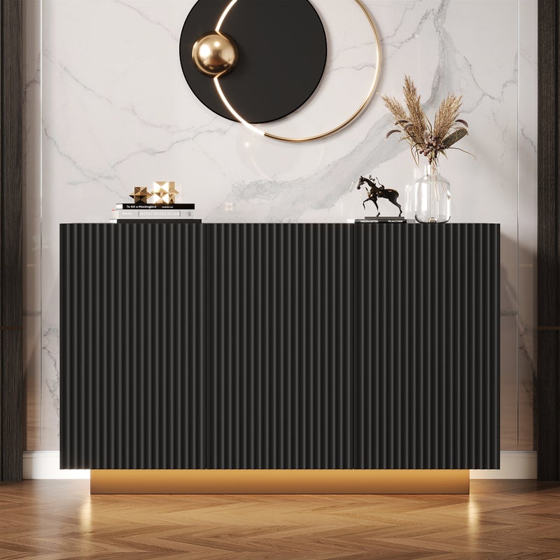 Komoda niska z 3 drzwiami - 120 x 70 x 75 cm - LED-y - Blat imitujący marmur - Drewno MDF - Czarny