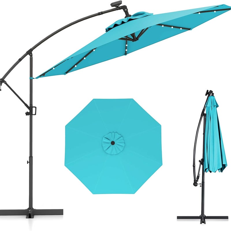 Parasol przeciwsłoneczny, 300 cm, z 32 solarnymi diodami LED i korbą, parasol ogrodowy, parasol na taras, do ogrodu, na basen, turkusowy, 300 cm