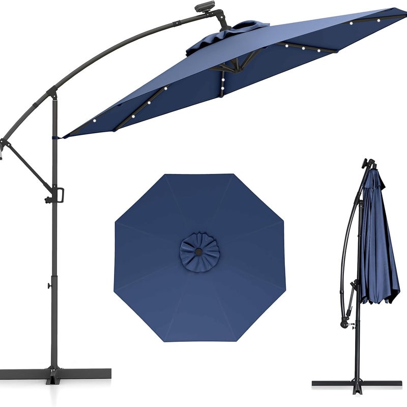 Parasol przeciwsłoneczny, 300 cm, z 32 solarnymi diodami LED i korbą, parasol ogrodowy, parasol na taras, do ogrodu, na basen, taras, morski, 300 cm