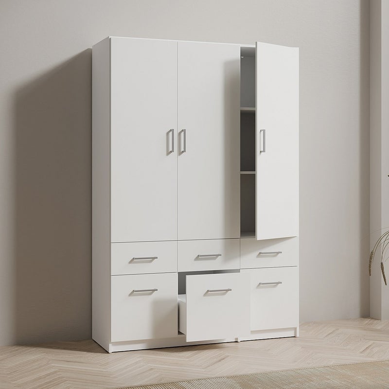 Szafa 3-drzwiowa z 6 szufladami - szer. 136 cm - Biały - BELOMY