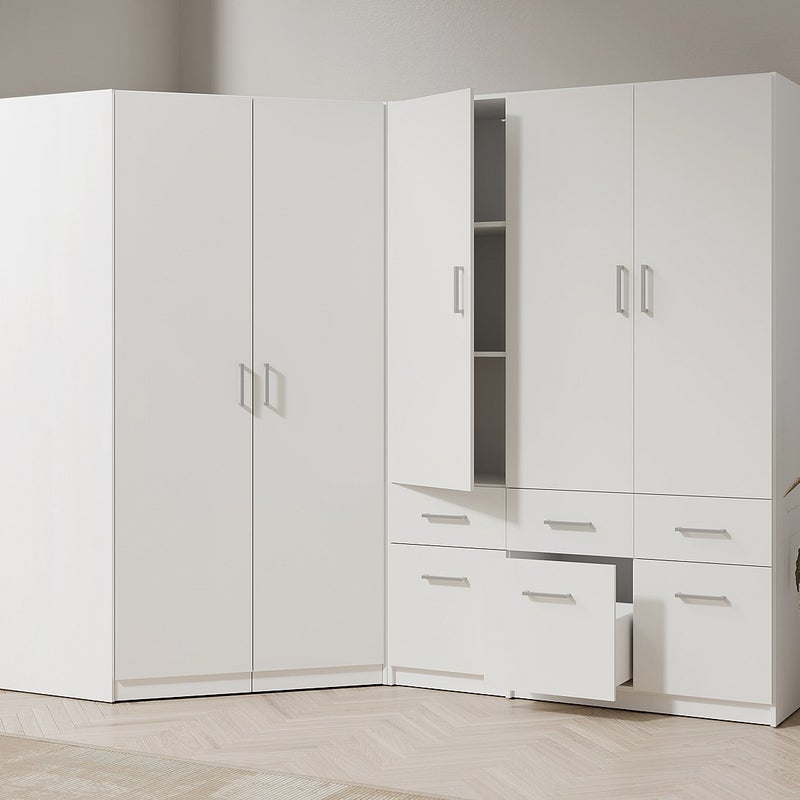 Szafa narożna 5-drzwiowa z 6 szufladami - szer. 254 cm - Biały - BELOMY