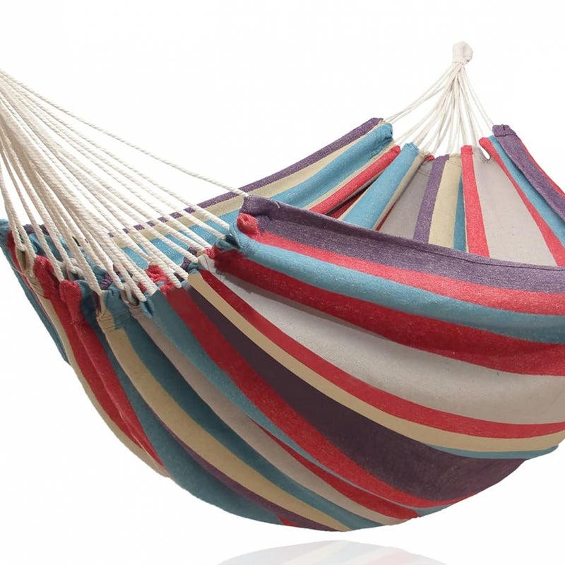 Hamak do wnętrz i ogrodu, wiszący, wykonany z trwałej i wygodnej tkaniny, 200 x 100 cm (czerwony i biały)