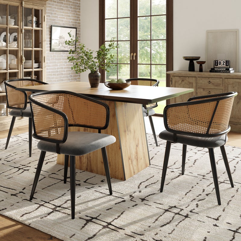 Zestaw 4 krzeseł do jadalni z rattanu z oparciem - 51 x 47 x 79 cm - żelazo, skóra ekologiczna, aksamit - styl nowoczesny - szary