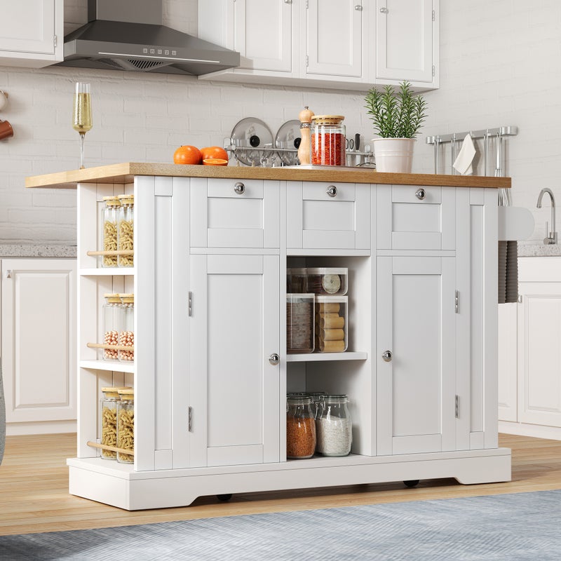 Mobilna wyspa kuchenna z 3 szufladami, 2 drzwiami i półkami - rozkładany blat - 132 x 40/70 x 87 cm - drewno MDF - biały + naturalny