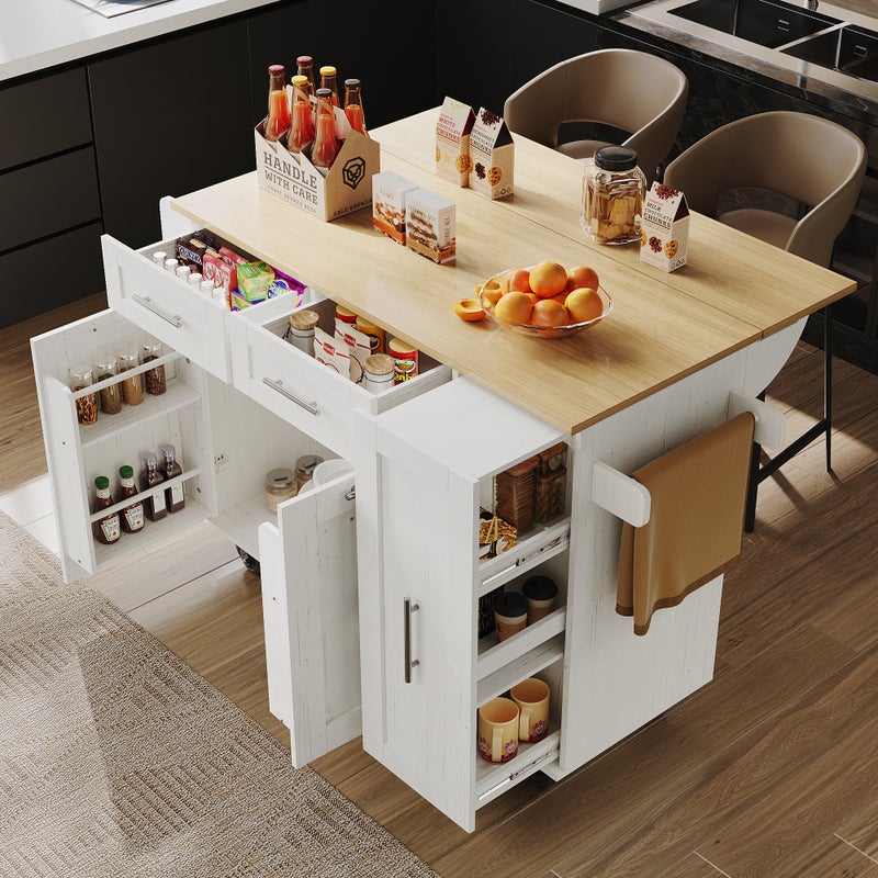 Mobilna wyspa kuchenna z 2 drzwiami, 3 szufladami i wieszakiem na ręczniki - Rozkładany blat - 134,5 x 46/74 x 90,5 cm - MDF - Biały