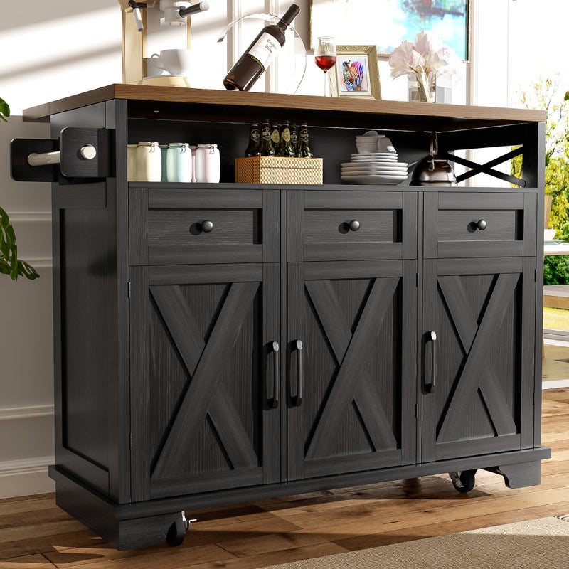 Mobilna wyspa kuchenna z 3 szufladami, 3 drzwiami i przegrodą - 118 x 43/80 x 98 cm - MDF i metal - Czarny