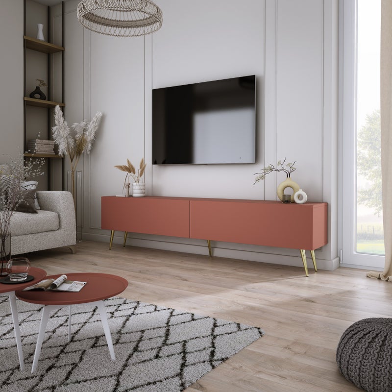 Szafka RTV: Ceglasty, 170 x 52 x 32 cm, złote nogi