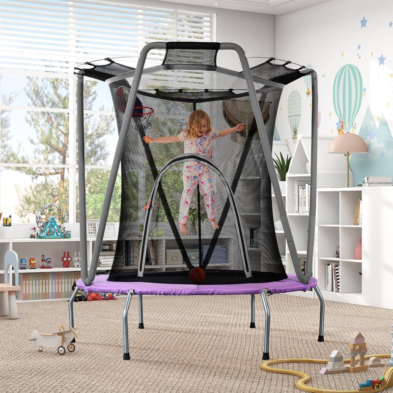Trampolina zewnętrzna dla dzieci Ø157 cm z siatką zabezpieczającą, koszem, stal ocynkowana