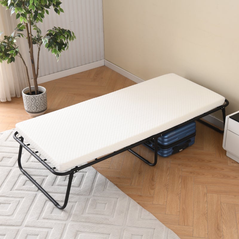 Łóżko składane 80x190 cm ze schowkiem, metalowa rama, montaż bez użycia narzędzi, czarne składane łóżko dla gości