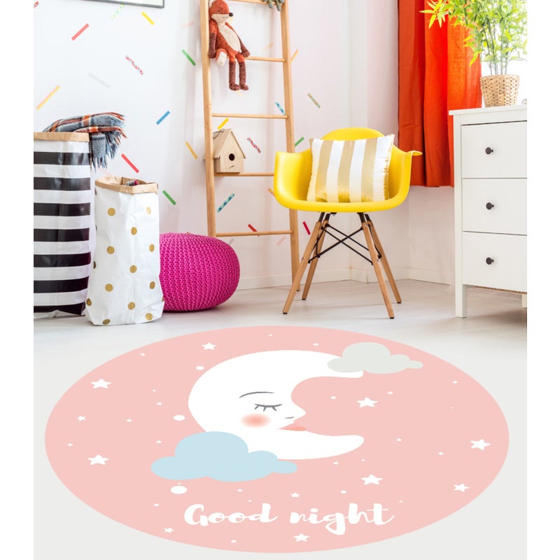 Dziecięcy dywan winylowy Good night pink [średnica] 120 cm - Antypoślizgowy PVC, winylowy do pokoju dziecięcego, trudnopalny i zmywalny.