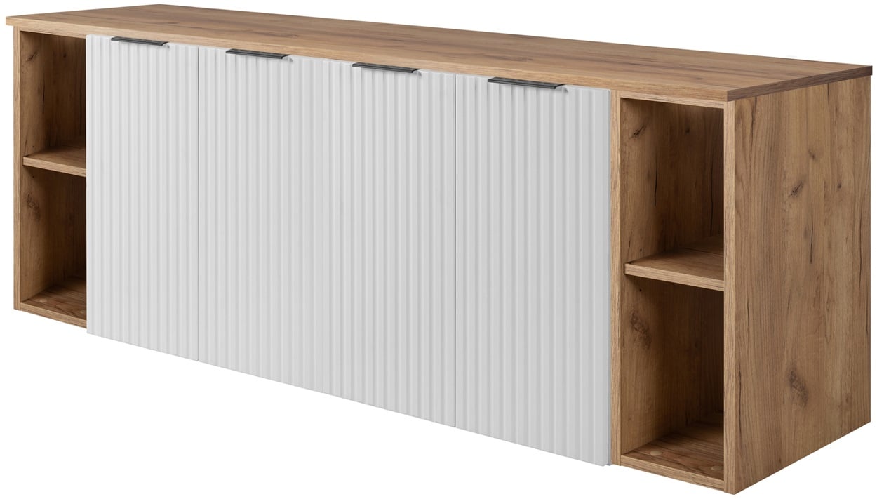 Zestaw łazienkowy FLOW 160 cm biały z regałami dąb craft złoty ryflowany front