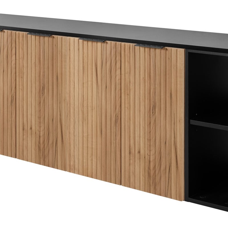 Zestaw łazienkowy FLOW 160 cm dąb craft złoty z czarnym blatem i regałami