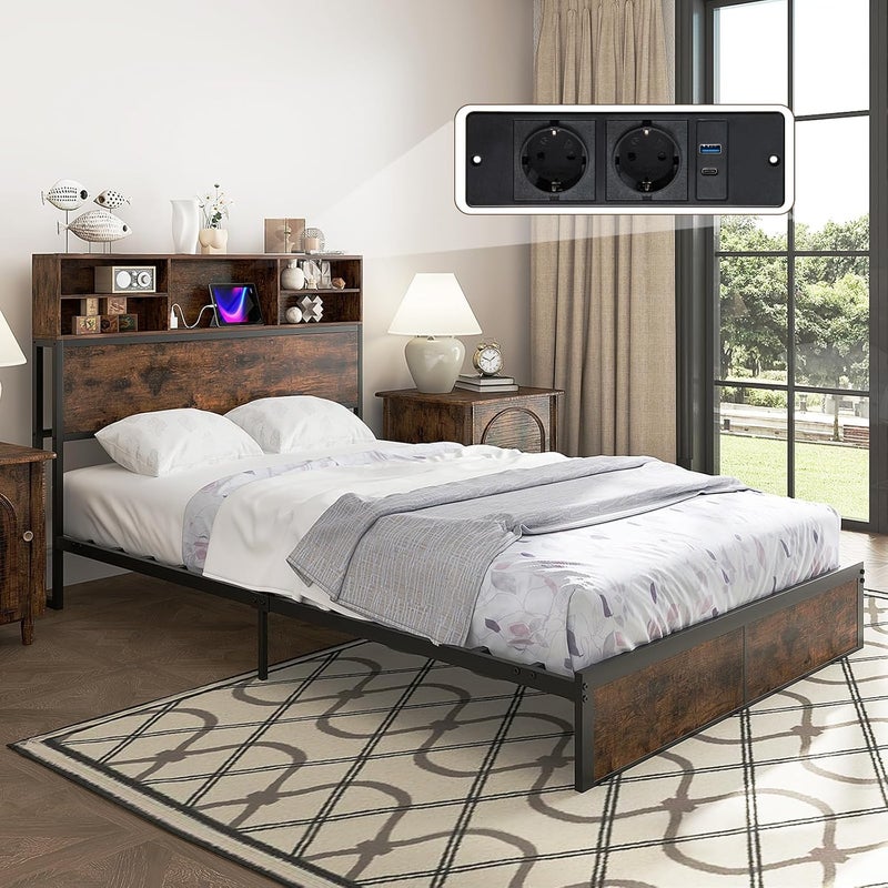 Łóżko ze stacją ładującą, 140 x 200 cm, zagłówek ze schowkiem, rama łóżka, łóżko podwójne, metalowe łóżko bez materaca,rustykalny brąz