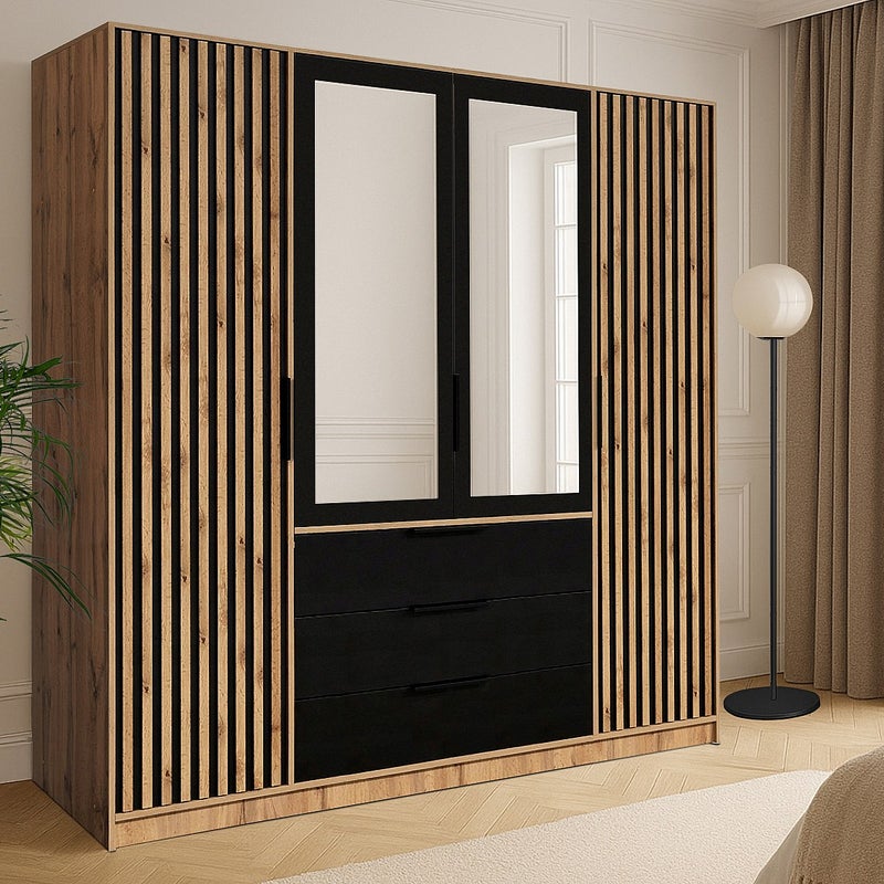 Szafa 4-drzwiowa z 3 szufladami - Z lustrem - szer. 196 cm - Naturalny i czarny - LIRMADA