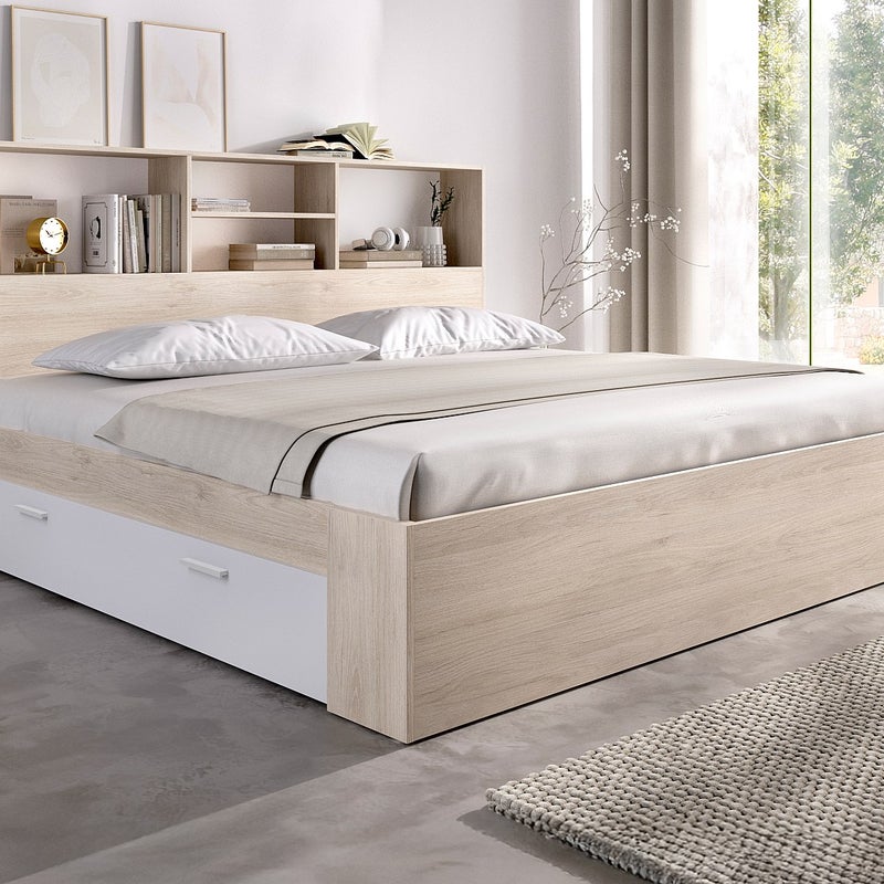 Łóżko 140 x 190 cm ze skrzynią i - Naturalny i biały + Stelaż - VARDIEL