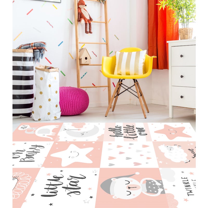 Hello little one różowy winylowy dywanik dla dzieci 66x100 cm - Antypoślizgowy PVC, winylowy do pokoju dziecięcego, ognioodporny i zmywalny.