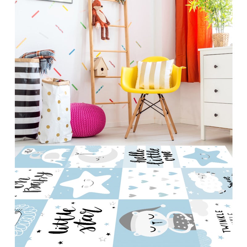 Hello little one niebieski winylowy dywanik dla dzieci 133x200 cm - PVC antypoślizgowy, winylowy do pokoju dziecięcego, ognioodporny i zmywalny.