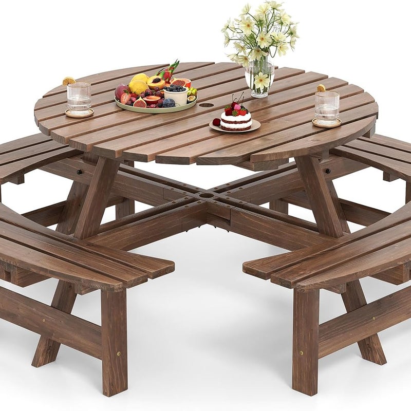 Zestaw stołu piknikowego dla 8 osób, stół ogrodowy z drewna z otworem na parasol i 4 ławkami, okrągły zestaw do siedzenia, do ogrodu, (brązowy)