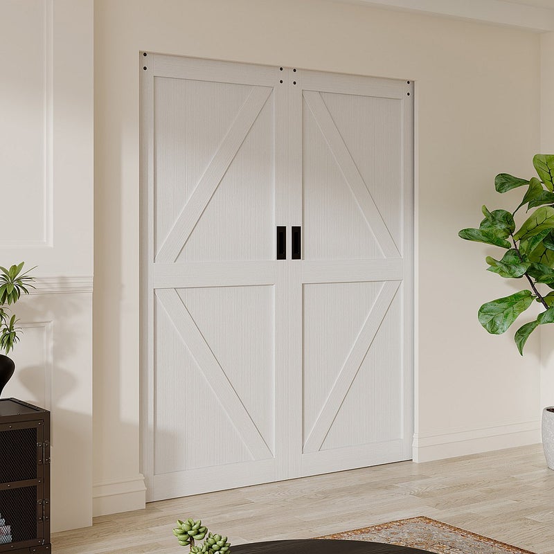 Drzwi przesuwne podwójne chowane w ścianie z drewna i MDF - biały - 2 x wys. 205 x szer. 93 cm - NEFARA