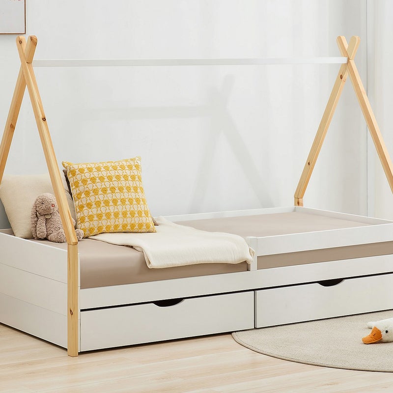 Łóżko tipi 90 x 190 cm z szufladami - Drewno sosnowe i MDF - Biały i naturalny + Materac - LUANCO