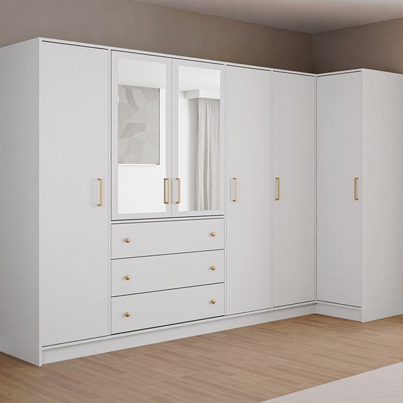 Szafa narożna 6-drzwiowa z 3 szufladami - Z lustrami - szer. 311 cm - Biały - LIZANDRO