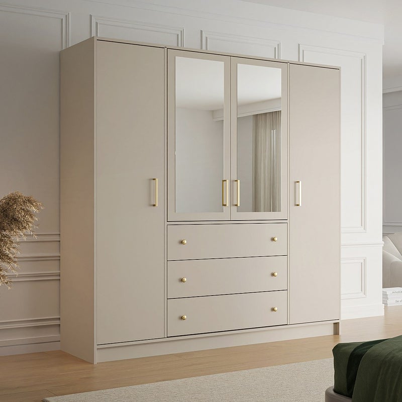 Szafa 4-drzwiowa z 3 szufladami - Z lustrami - szer. 196 cm - Beżowy i złoty - LIZANDRO