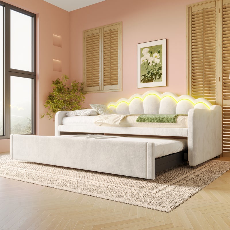 Łóżko wysuwane 90/180 x 200 cm z tapicerowanym zagłówkiem - Aksamit - LED - Beżowe (Bez materaca)