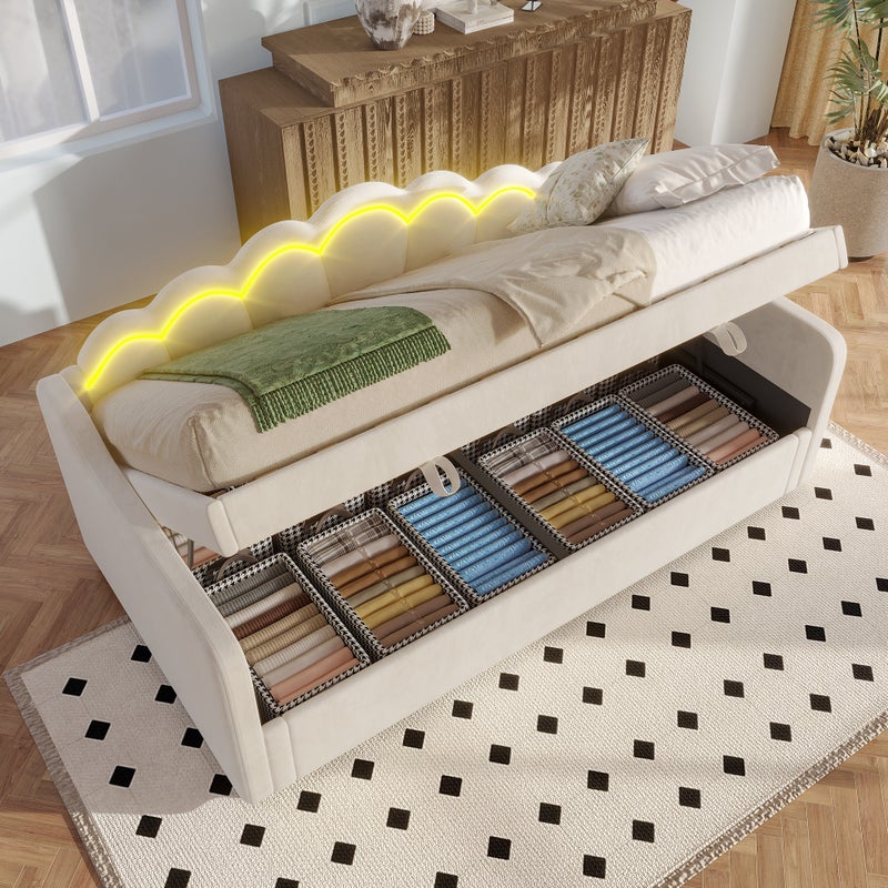 Łóżko z pojemnikiem 90 x 200 cm z zagłówkiem, leżanka, sofa rozkładana - aksamit - diody LED - beżowy (bez materaca)