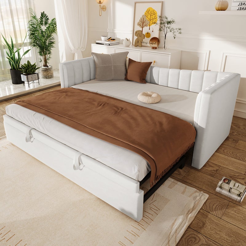 Łóżko wysuwane 90/180 x 200 cm z tapicerowanym zagłówkiem, rozkładana sofa - aksamit - styl minimalistyczny - biały (bez materaca)