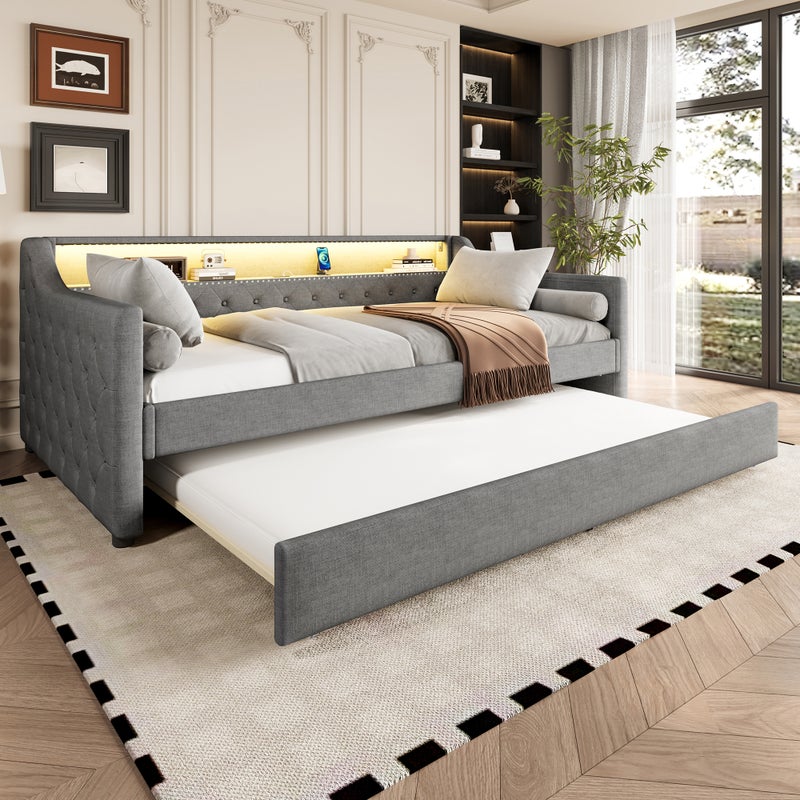 Łóżko tapicerowane 90 x 200 cm z łóżkiem wysuwanym 90 x 200 cm, sofa rozkładana - Tkanina lniana - Gniazdo USB - Szare (Bez materaca)