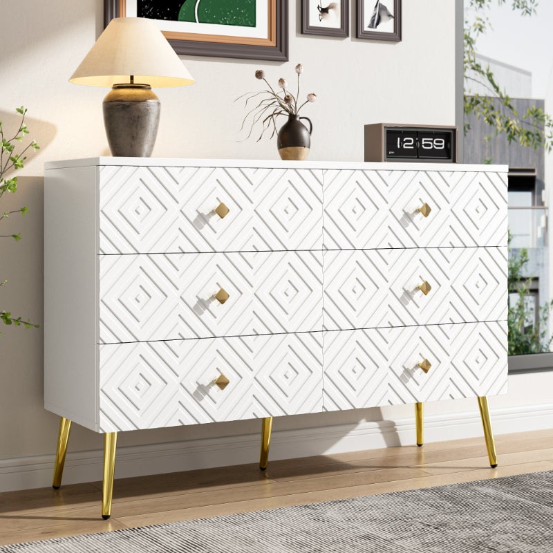 Nowoczesna komoda z 6 szufladami – 120x40x80 cm – Elegancki czarny design ze złotymi metalowymi nogami – idealna do sypialni i salonu