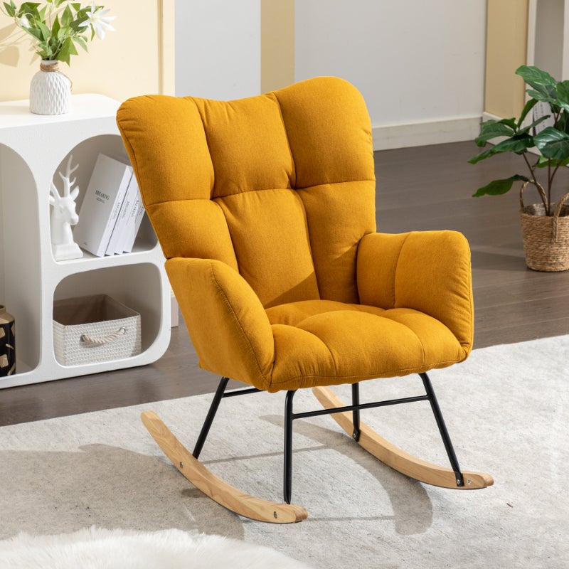 Nowoczesny fotel bujany w tkaninie Teddy z wyściełanymi podłokietnikami i pikowanym wzorem – idealny do salonu i sypialni